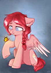 Size: 1221x1734 | Tagged: safe, artist:kaylemi, imported from derpibooru, oc, oc only, butterfly, pegasus, pony, amputee, blind, braid, chest fluff, female, mare, missing limb, scar, sitting, solo, stump