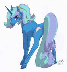 Size: 866x923 | Tagged: safe, artist:shachza, imported from derpibooru, oc, oc only, oc:azurite, pony, bedroom eyes, looking at you, ponytail, smiling, solo, strategically covered, tail censor