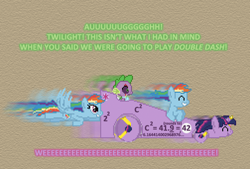 Size: 504x341 | Tagged: safe, artist:verve, imported from derpibooru, rainbow dash, spike, twilight sparkle, alicorn, dragon, genie, pegasus, pony, ask genie twilight, the cart before the ponies, 42, cart, eyes closed, fancy mathematics, female, flying, horn ring, mare, mario kart double dash, math, motion blur, multeity, pun, scar, smiling, transformation, triangle, twilight sparkle (alicorn)