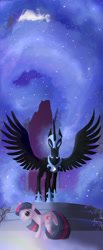 Size: 1155x2800 | Tagged: safe, artist:jaeneth, imported from derpibooru, nightmare moon, twilight sparkle, alicorn, pony, unicorn, friendship is magic, looking at you, moon, scene interpretation, spread wings, wings