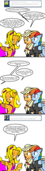 Size: 487x1810 | Tagged: safe, artist:dekomaru, imported from derpibooru, applejack, rainbow dash, oc, oc:honey cluster, pegasus, pony, tumblr:ask twixie, ask, clothes, comic, dress, engagement ring, female, jaw drop, mare, tumblr, tuxedo