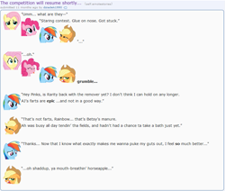 Size: 867x736 | Tagged: safe, artist:dziadek1990, imported from derpibooru, applejack, fluttershy, pinkie pie, rainbow dash, conversation, dialogue, emote story, emotes, reddit, slice of life, text