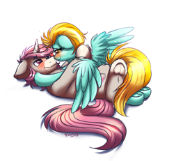 Size: 903x834 | Tagged: safe, artist:confetticakez, imported from derpibooru, lightning dust, oc, oc:intrepid charm, pegasus, pony, canon x oc, cuddling, female, heart, male, mare, stallion, straight