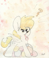 Size: 692x817 | Tagged: safe, artist:slightlyshade, imported from derpibooru, derpy hooves, pony, bubble, bubble blower, confused, female, question mark, solo, traditional art