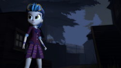 Size: 1920x1080 | Tagged: safe, artist:razethebeast, imported from derpibooru, indigo zap, equestria girls, friendship games, 3d, bowtie, building, clothes, crystal prep academy uniform, ear piercing, earring, female, goggles, jewelry, piercing, school uniform, serious, serious face, skirt, solo, source filmmaker