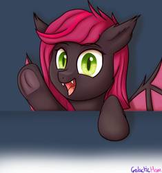 Size: 2000x2126 | Tagged: safe, artist:galacticham, imported from derpibooru, oc, oc only, oc:midnight scribbles, bat pony, pony, bat wings, cute, fangs, male, open mouth, solo, underhoof