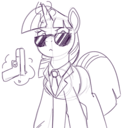 Size: 700x700 | Tagged: safe, artist:goat train, imported from derpibooru, twilight sparkle, pony, clothes, female, gun, magic, monochrome, simple background, solo, suit, sunglasses, telekinesis, weapon, white background