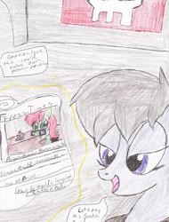 Size: 1588x2094 | Tagged: safe, artist:wyren367, imported from derpibooru, oc, oc only, oc:gray gale, oc:scratch build, pony, colored pencil drawing, newspaper, traditional art