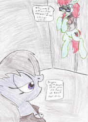 Size: 1566x2170 | Tagged: safe, artist:wyren367, imported from derpibooru, oc, oc only, oc:gray gale, oc:scratch build, pony, angry, bound, dialogue, traditional art