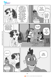 Size: 1200x1697 | Tagged: safe, artist:pia-sama, imported from derpibooru, rarity, spike, twilight sparkle, anthro, dragon, plantigrade anthro, unicorn, comic:rogue diamond, breasts, chibi, clothes, comic, female, grayscale, mare, monochrome, older, older spike, speech bubble, spray bottle