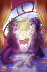 Size: 3300x5100 | Tagged: safe, artist:blindcoyote, imported from derpibooru, rumble, spike, anthro, dragon, pegasus, saddle up 2: creature comforts, absurd resolution, bed, cute, explicit source, gay, looking at each other, male, older, romance, rumblespike, shipping, stallion