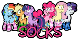 Size: 5602x3000 | Tagged: safe, artist:befishproductions, imported from derpibooru, applejack, fluttershy, pinkie pie, rainbow dash, rarity, twilight sparkle, alicorn, earth pony, pegasus, pony, unicorn, absurd resolution, blushing, clothes, dreamworks face, eye clipping through hair, eyebrows, eyebrows visible through hair, grin, high res, looking at you, mane six, open mouth, open smile, signature, simple background, smiling, smiling at you, socks, striped socks, transparent background, twilight sparkle (alicorn)