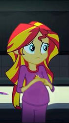 Size: 169x299 | Tagged: safe, edit, edited screencap, imported from derpibooru, screencap, sunset shimmer, comic:a new change, equestria girls, rainbow rocks, clothes, cropped, cute, female, pajamas, pen, pregnant, pregnant edit, solo