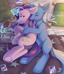 Size: 2604x3000 | Tagged: safe, alternate version, artist:fensu-san, imported from derpibooru, starlight glimmer, trixie, pony, unicorn, bedroom, biting, blushing, brush, cute, explicit source, female, hair bite, hairbrush, lesbian, magic, mare, shipping, startrix, telekinesis, underhoof