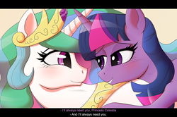 Size: 1000x663 | Tagged: safe, artist:deusexequus, imported from derpibooru, princess celestia, twilight sparkle, pony, blushing, crown, dialogue, female, jewelry, lesbian, looking at each other, mare, regalia, shipping, smiling, subtitles, twilestia