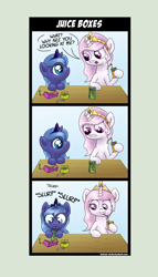 Size: 1920x3364 | Tagged: safe, artist:helmie-art, artist:helmie-d, imported from derpibooru, princess celestia, princess luna, pony, cewestia, comic, cute, dialogue, duo, female, filly, juice, juice box, lunabetes, pink-mane celestia, royal sisters, sibling love, siblings, sisterly love, sisters, woona, younger