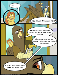 Size: 5100x6600 | Tagged: safe, artist:etchpony, imported from derpibooru, gaston (griffon), warm front, griffon, pegasus, pony, comic:international affairs, saddle up 2: creature comforts, absurd resolution, blushing, comic, dialogue, embarrassed, explicit source, gaston, gay, male, shipping, stallion