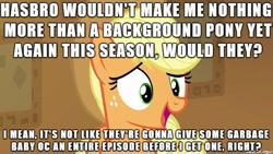 Size: 610x343 | Tagged: safe, edit, edited screencap, imported from derpibooru, screencap, applejack, pony, a flurry of emotions, all bottled up, background pony, background pony applejack, background pony strikes again, female, image macro, implied flurry heart, meme, op is a duck, op is trying to start shit, solo