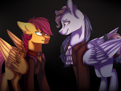 Size: 1400x1050 | Tagged: safe, artist:koffeemilk, imported from derpibooru, rainbow dash, scootaloo, pony, the count of monte rainbow, albert de morcef, clothes, edmond dantes, rainbow dantes, scootabert, the count of monte cristo, who are you count?