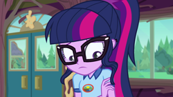 Size: 1280x720 | Tagged: safe, imported from derpibooru, screencap, sci-twi, twilight sparkle, equestria girls, legend of everfree, camp everfree outfits, clothes, cookie dough, doors, female, glasses, sad, solo, tree