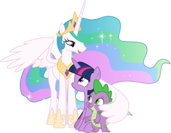 Size: 3841x3001 | Tagged: safe, artist:cloudy glow, artist:cloudyglow, imported from derpibooru, princess celestia, spike, twilight sparkle, alicorn, dragon, pony, celestial advice, female, mare, momlestia, simple background, smiling, transparent background, trio, twilight sparkle (alicorn), vector