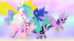 Size: 1920x1080 | Tagged: safe, artist:dashiemlpfim, artist:egegokprochannel, imported from derpibooru, princess cadance, princess celestia, princess flurry heart, princess luna, twilight sparkle, oc, oc:twivine sparkle, alicorn, pony, alicorn pentarchy, alicorn tetrarchy, donut steel, glowing horn, glowing wings, group, recolor, sparkly wings, twilight sparkle (alicorn), twivine sparkle