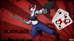 Size: 1440x806 | Tagged: safe, artist:wwredgrave, imported from derpibooru, oc, oc only, oc:blackjack, anthro, unicorn, fallout equestria, fallout equestria: project horizons, abs, amputee, anthro oc, boots, breasts, cleavage, clothes, female, gun, handgun, looking at you, mare, pants, pistol, prosthetic arm, prosthetic limb, prosthetics, smiling, solo, sword, tanktop, weapon