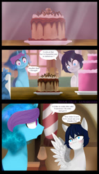 Size: 1000x1748 | Tagged: dead source, safe, artist:lunaritass, imported from derpibooru, oc, oc only, alicorn, pegasus, pony, comic:sham true, cake, food