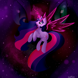 Size: 1280x1280 | Tagged: safe, artist:saralien, imported from derpibooru, nightmare moon, twilight sparkle, alicorn, pony, artificial wings, augmented, female, magic, magic wings, solo, space, stars, twilight sparkle (alicorn), wings