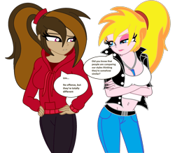 Size: 2341x2047 | Tagged: safe, artist:cbear624, imported from derpibooru, oc, oc only, oc:cupcake slash, oc:sinfonia krystal, equestria girls, breasts, cleavage, dialogue, female, looking at each other, speech bubble