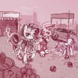 Size: 1600x1600 | Tagged: safe, artist:uher0, imported from derpibooru, fluttershy, pinkie pie, rainbow dash, rarity, pony, apple, clothes, food, market, monochrome, pinkamena diane pie, smoking