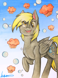 Size: 2350x3150 | Tagged: safe, artist:php161, artist:wintaura, imported from derpibooru, derpy hooves, pegasus, pony, bubble, cross-eyed, female, food, gradient background, high res, muffin, raised hoof, smiling, solo, traditional art, watercolor painting