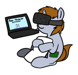 Size: 998x967 | Tagged: safe, artist:neuro, imported from derpibooru, oc, oc only, oc:littlepip, pony, unicorn, fallout equestria, body pillow, computer, cuddling, female, htc vive, husbando, implied anon, implied shipping, laptop computer, mare, simple background, simulator, solo, transparent background, virtual reality, vr goggles, vr headset