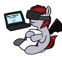 Size: 998x967 | Tagged: safe, artist:neuro, imported from derpibooru, oc, oc only, oc:vannie, bat pony, pony, body pillow, computer, cuddling, female, husbando, implied anon, implied shipping, laptop computer, mare, simple background, simulator, solo, transparent background, virtual reality