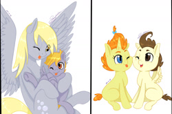 Size: 1821x1200 | Tagged: safe, artist:tejedora, imported from derpibooru, crackle pop, derpy hooves, dinky hooves, pound cake, pumpkin cake, pegasus, pony, unicorn, brother and sister, cake twins, colt, equestria's best mother, female, hug, male, mare, mother and son, nuzzling, siblings, simple background, sisters, tongue out, underhoof, white background