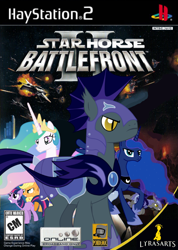 Size: 710x1000 | Tagged: safe, artist:nickyv917, imported from derpibooru, applejack, princess celestia, princess luna, twilight sparkle, alicorn, bat pony, earth pony, pony, unicorn, cover, droid, droid starfighter, explosion, laser, lava, parody, playstation 2, spaceship, star wars, star wars battlefront, star wars: battlefront ii, volcano