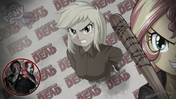 Size: 2560x1440 | Tagged: safe, artist:ngrycritic, imported from derpibooru, applejack, sunset shimmer, equestria girls, angry, barbed wire, baseball bat, clothes, cosplay, costume, crossover, grin, gritted teeth, negan, negan shimmer, rick grimes, smiling, smirk, the walking dead