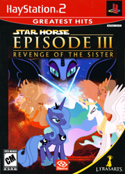 Size: 640x891 | Tagged: safe, artist:nickyv917, imported from derpibooru, nightmare moon, princess celestia, princess luna, alicorn, pony, cover, jedi, lava, lighting, lightsaber, parody, playstation 2, revenge of the sith, s1 luna, sith, star wars, star wars: revenge of the sith, weapon