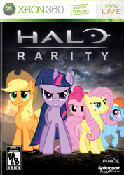 Size: 879x1242 | Tagged: safe, artist:nickyv917, imported from derpibooru, applejack, fluttershy, pinkie pie, rainbow dash, twilight sparkle, pony, cover, halo (series), lighting, parody, spaceship, xbox 360