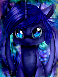 Size: 768x1024 | Tagged: safe, artist:wolfchen999, imported from derpibooru, princess luna, alicorn, pony, crying, female, looking at you, mare, missing accessory, slit eyes, slit pupils, solo