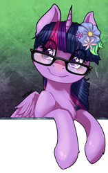 Size: 900x1431 | Tagged: safe, artist:thasase1002, imported from derpibooru, twilight sparkle, alicorn, pony, chest fluff, cute, female, flower, flower in hair, glasses, mare, smiling, solo, starry eyes, twiabetes, twilight sparkle (alicorn), wingding eyes