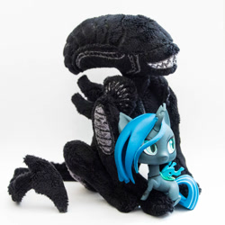 Size: 1400x1400 | Tagged: safe, artist:valmiiki, imported from derpibooru, queen chrysalis, alien, changeling, changeling queen, xenomorph, alien (franchise), antagonist, bff, chibi, duo, embrace, female, figure, friendship, irl, photo, plushie, simple background, toy, welovefine, white background