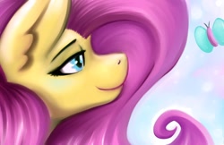 Size: 1224x792 | Tagged: safe, artist:gingersnap913, deleted from derpibooru, imported from derpibooru, fluttershy, butterfly, pegasus, pony, bust, female, lidded eyes, mare, portrait, profile, smiling, solo