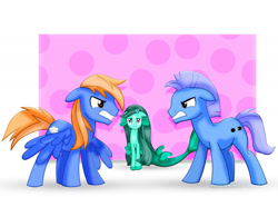 Size: 1600x1131 | Tagged: safe, artist:jucamovi1992, imported from derpibooru, oc, oc only, oc:electric tornado, oc:fast dumbell, oc:radne, earth pony, merpony, pegasus, pony, female, floppy ears, glare, looking at each other, male, mare, stallion, trio