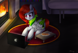 Size: 5000x3400 | Tagged: safe, artist:merienvip, imported from derpibooru, oc, oc only, pegasus, pony, absurd resolution, apple (company), clothes, colored wings, computer, dish, female, fireplace, food, fork, high res, laptop computer, mare, multicolored wings, pasta, pegasus oc, prone, scarf, smiling, solo, spaghetti