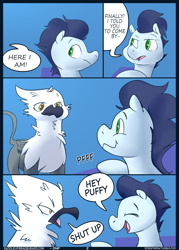 Size: 2570x3597 | Tagged: safe, artist:dosent, imported from derpibooru, soarin', oc, griffon, pony, comic:friendly plucking, saddle up 2: creature comforts, comic, explicit source, gay, interspecies, male, shipping, stallion, text