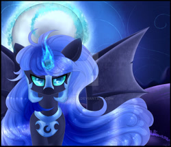 Size: 1024x881 | Tagged: safe, artist:clefficia, artist:cloud-drawings, imported from derpibooru, nightmare moon, alicorn, bat pony, bat pony alicorn, pony, angry, bat wings, colored pupils, female, looking at you, magic, mare, moon, redraw, solo, spread wings, standing, watermark, wings