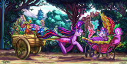 Size: 1684x854 | Tagged: safe, artist:jowyb, artist:jowybean, imported from derpibooru, princess flurry heart, spike, twilight sparkle, whammy, alicorn, dragon, pony, a flurry of emotions, apology stamp, baby carriage, cart, colored wingtips, magic, mountain, running, teddy bear, telekinesis, toy, tree, twilight sparkle (alicorn)
