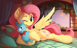 Size: 2230x1395 | Tagged: safe, artist:yakovlev-vad, imported from derpibooru, fluttershy, alpaca, pegasus, pony, bed, cheek fluff, chest fluff, cute, ear fluff, female, leg fluff, mare, one eye closed, open mouth, plushie, prone, shyabetes, slim, solo, sweet dreams fuel, window, yakovlev-vad is trying to murder us