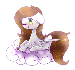 Size: 1024x956 | Tagged: safe, artist:twily-star, imported from derpibooru, oc, oc only, oc:marshmallows, pegasus, pony, cloud, female, mare, one eye closed, prone, simple background, solo, transparent background